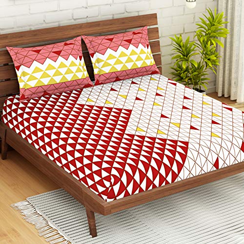 Image of Spaces Atrium Plus 100% Cotton Queen Size Fitted Double Bedsheet with 2 Pillow Covers Soft Feel Skin Safe Breatheable Fabric (Geometric, 152 cm x 198 cm + 30 cm) - Red