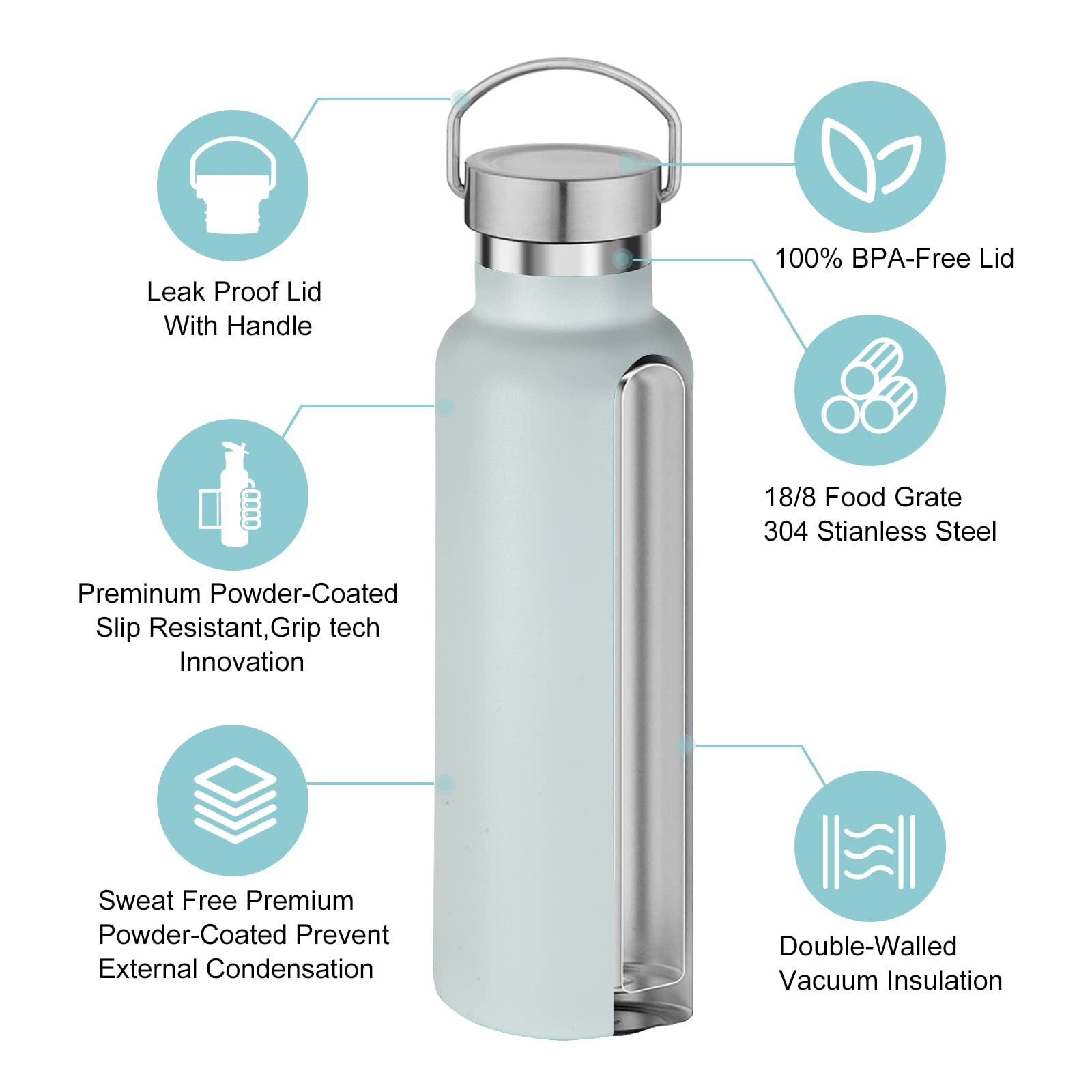Volhoply Fog Stainless Steel Water Bottles,600 ML Vacuum Insulated Double Wall Travel Bottle with Leak Proof Lid of Handle,Metal Reusable Standard Mouth Flask for School,Hikers,Gift - Image 3