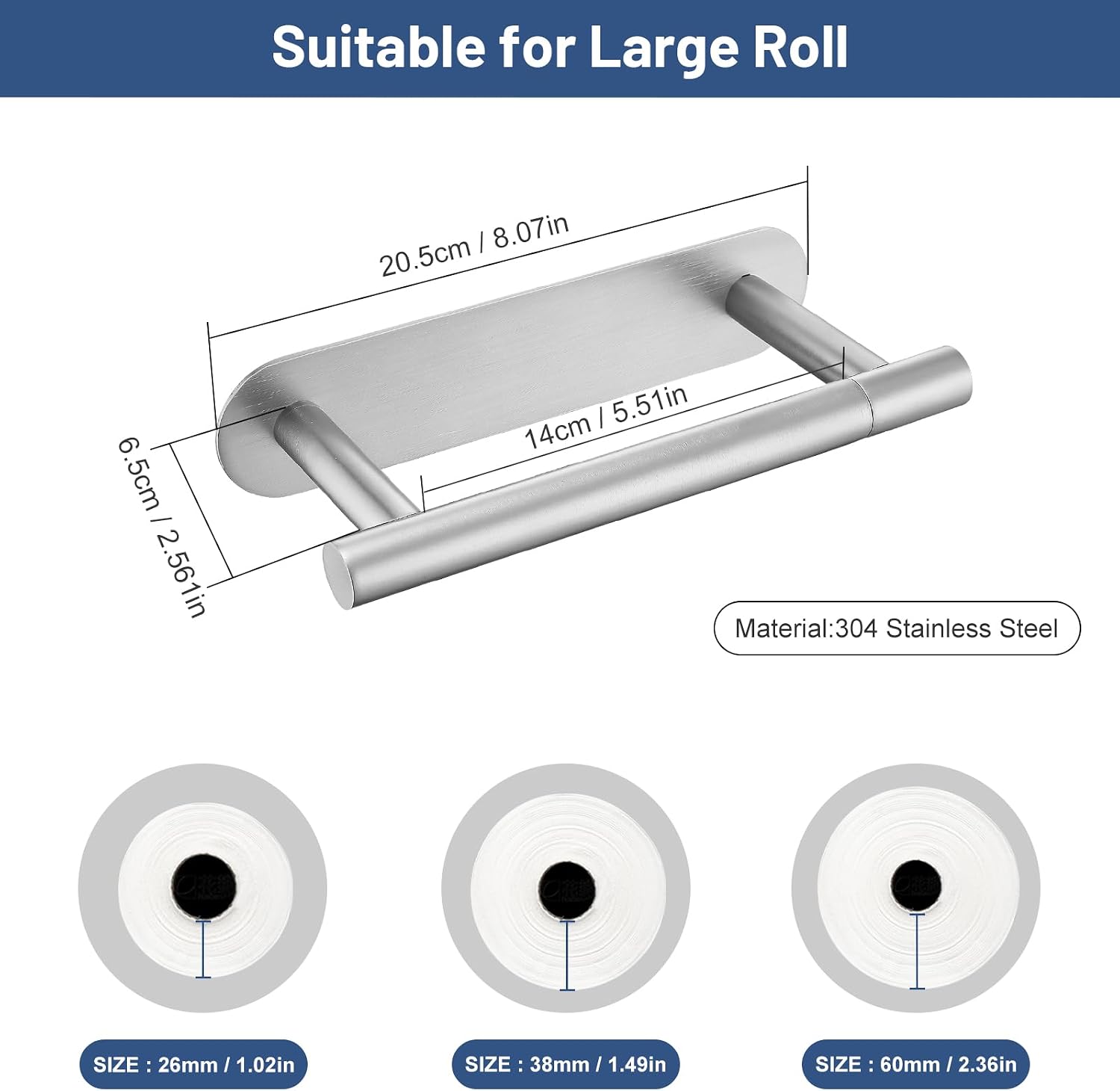 Brushed Nickel Self Adhesive Toilet Roll Paper Holder No Drill for Bathroom | SUS304 Stainless Steel Brushed Nickel Toilet Roll Holder, Double Base Paper Towel Holder Wall Mount No Drilling for Bathroom