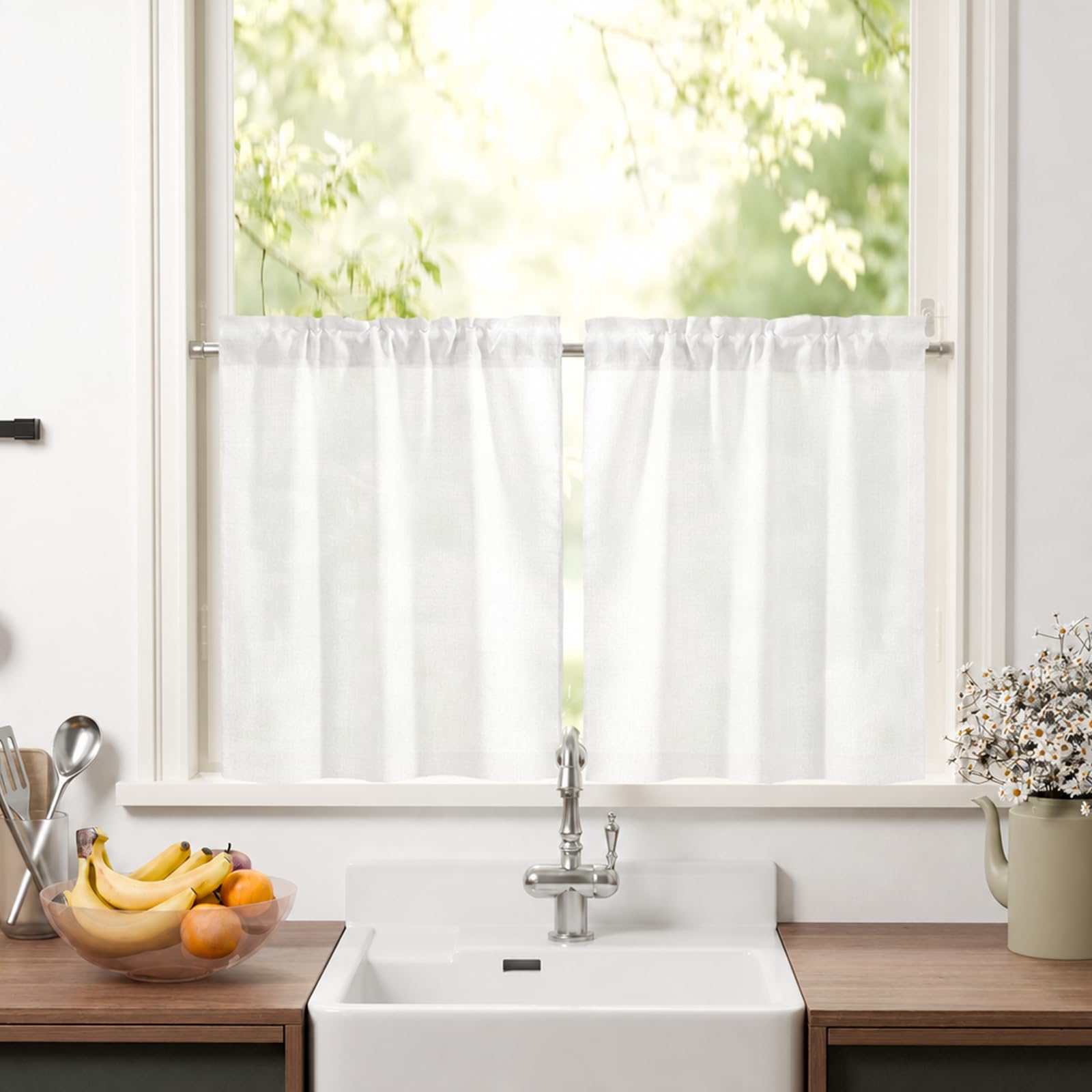 Linen Blend Kitchen Curtains W26xL24 inch,White Short Cafe Curtains 2 PCS — image 1