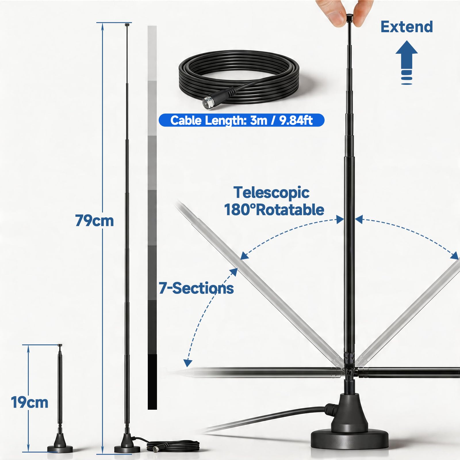 Bingfu Antenna Radio DAB+ FM, Antenna Telescopica Digitale con Base Magnetica, Cavo Coassiale 3 m, Set Adattatori, 75 Ohm per Ricevitore Stereo e Sistemi AV Casa