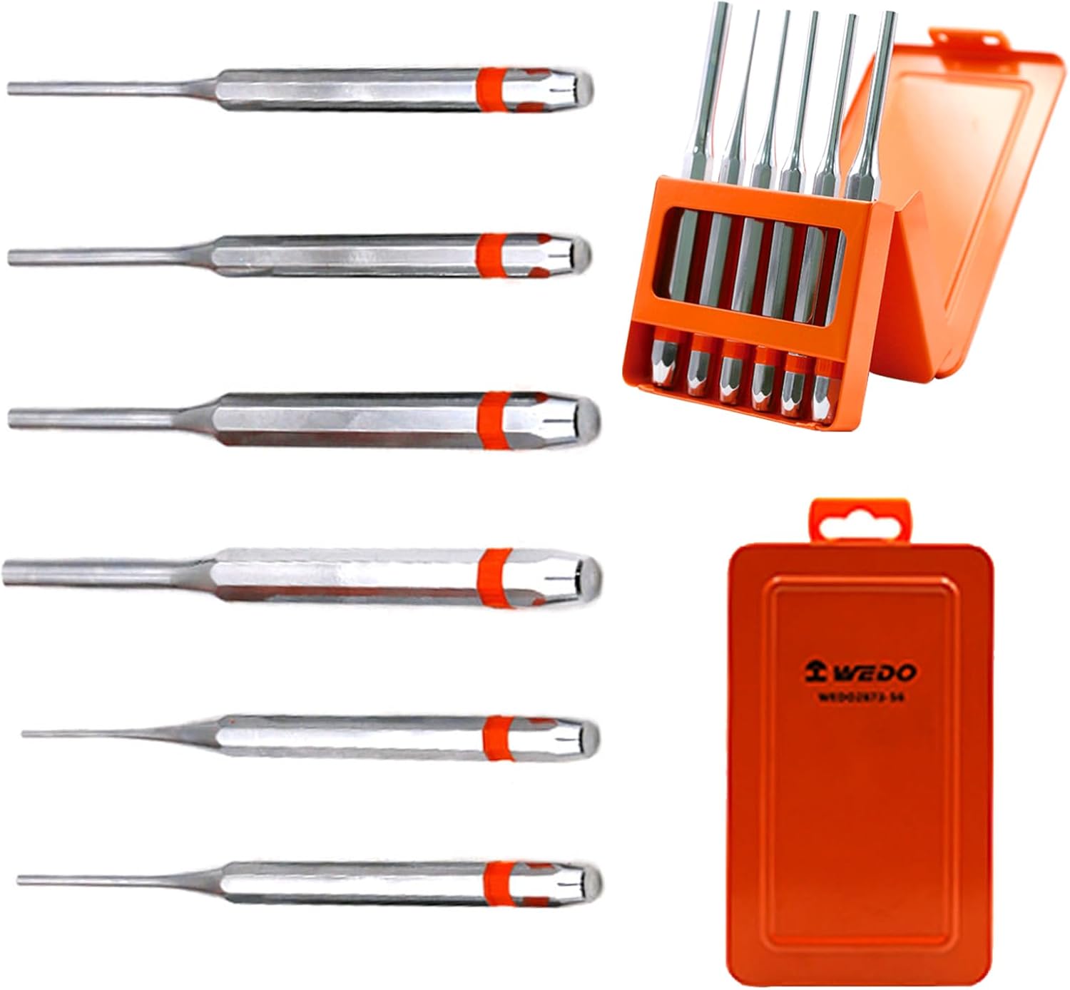 WEDO 6PCS Pin Punch Set,Heavy Duty Precision Punch Set with Steel Box,Size 2,3,4,5,6,8mm,Length 150mm,CR-V Steel,Used for Versatile Applications