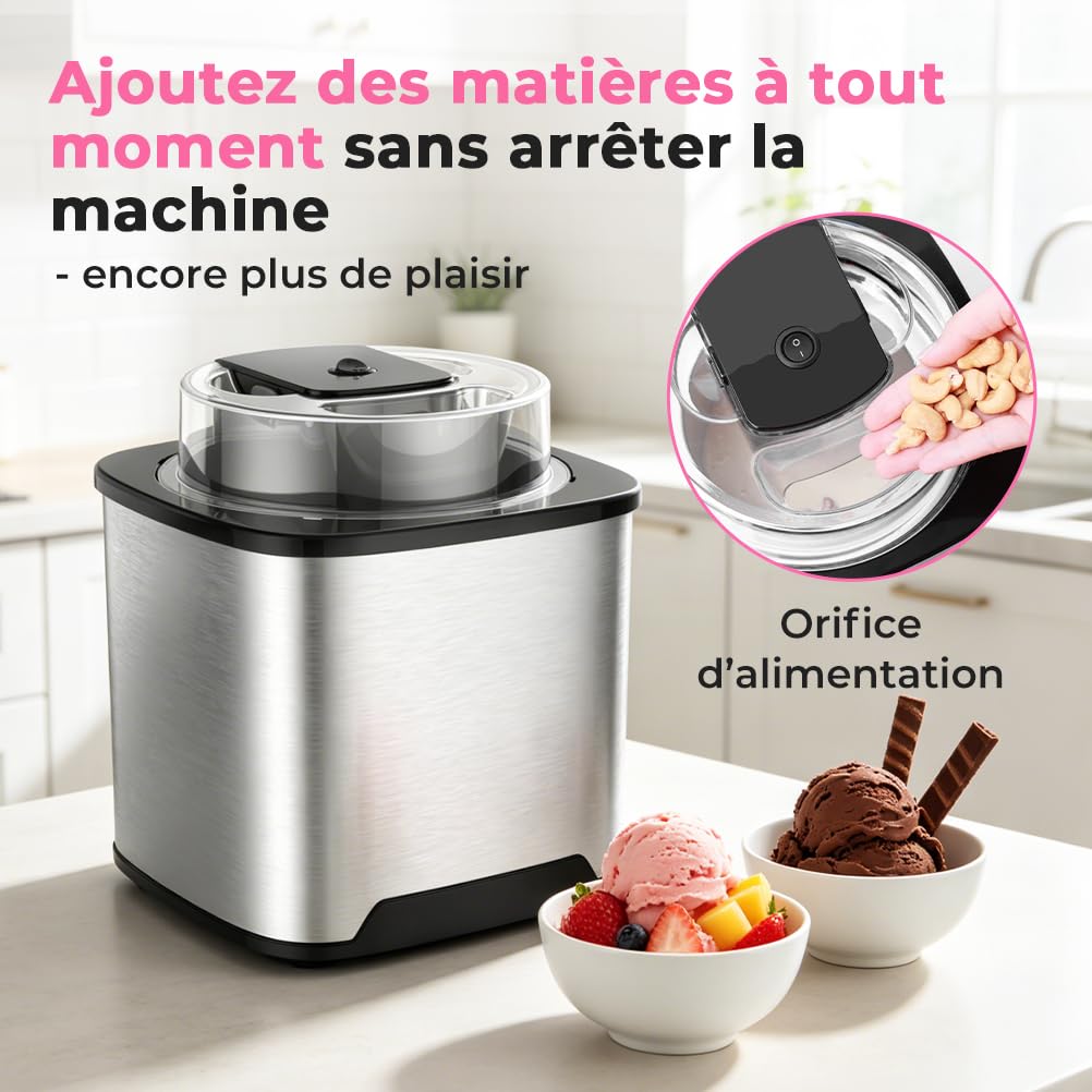 Sorbetière Turbine à Glace, Sorbetière Électrique, Machine à Glace en Acier Inoxydable, 2L Machines à Glace et Sorbetière pour Sorbet Glace, Crème Glacée et Yaourt Glacé