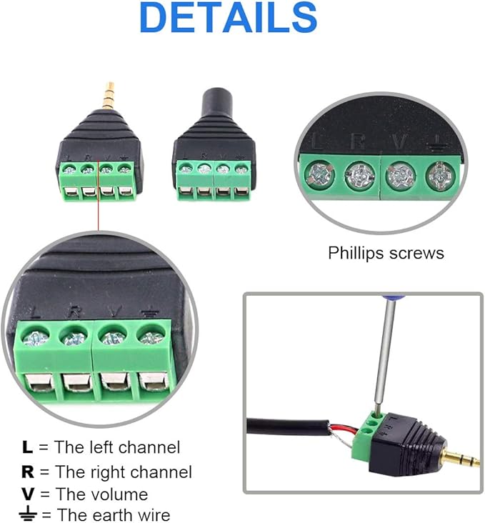 8 Piezas Conector Adaptador Jack 3.5mm a Terminal de Tornillo miniatura 4