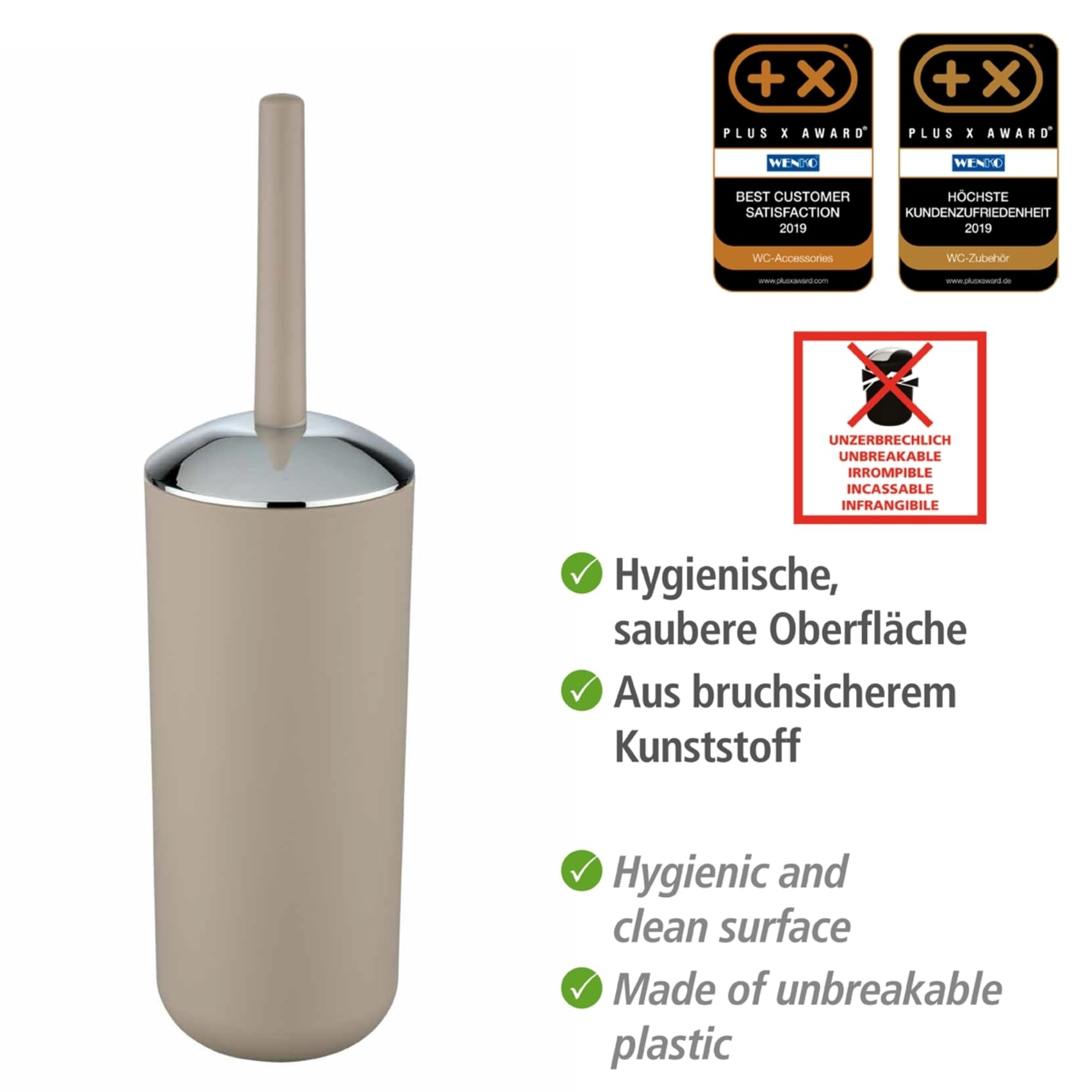 Bad-Accessoire Set Mod. Brasil, 4-teilig bestehend aus Zahnputzbecher, 320 ml Seifenspender, Kosmetikeimer 6,5 Liter & WC-Garnitur inkl. WC-Bürste, aus bruchsicherem Spezialkunststoff, Taupe