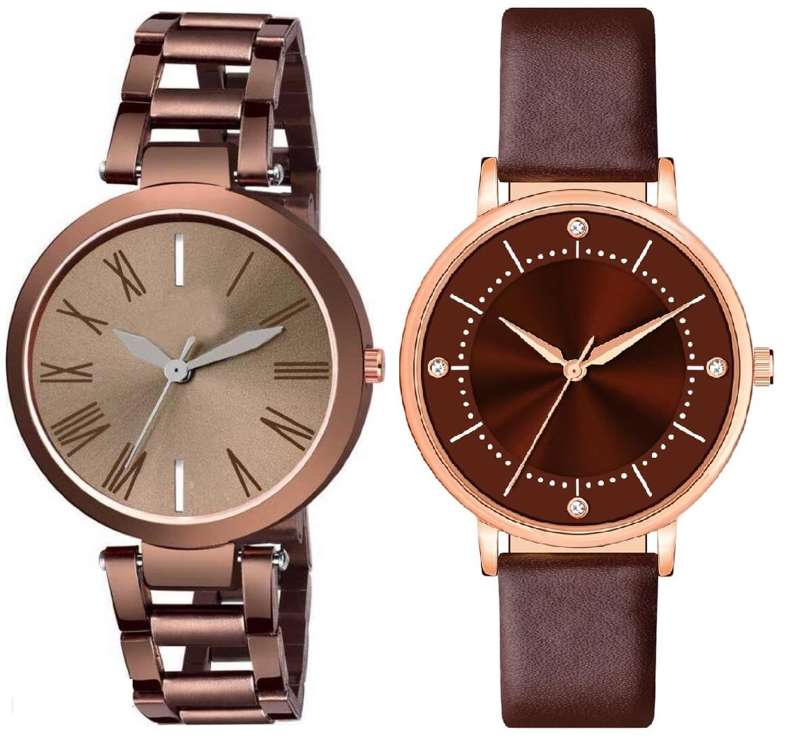 LAKSH Best Ethnic Embossed Designer Shine Round Dial with Slim Fit Leather &Stainless Steel Belt Women Analog Watches for Girls(SR-760) AT-7601(Pack of-2) (B0D1NW6KNR) Amazon Price History, Amazon Price Tracker