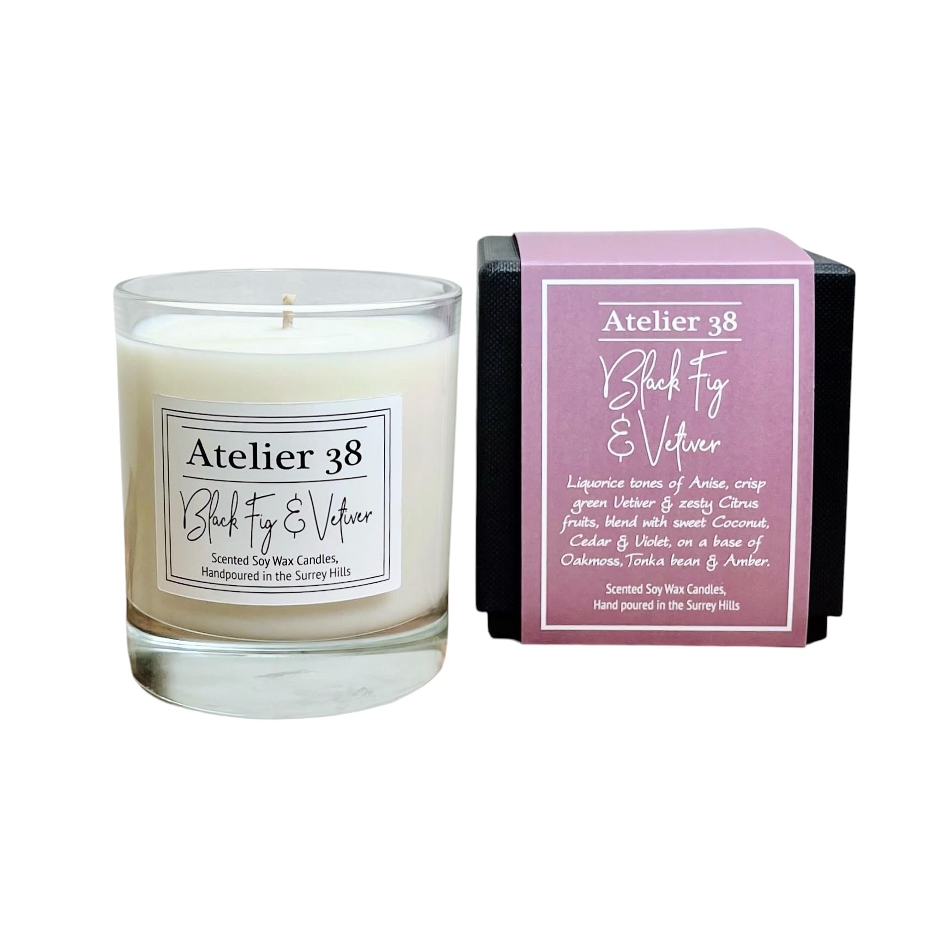 Atelier 38 Black Fig & Vetiver Scented Candle 210g - Luxury Soy Candle, Up to 50 Hour Burn Time, Candle Jar Home Fragrance, Long Burning Candle, Housewarming Gift, Made in Surrey Hills
