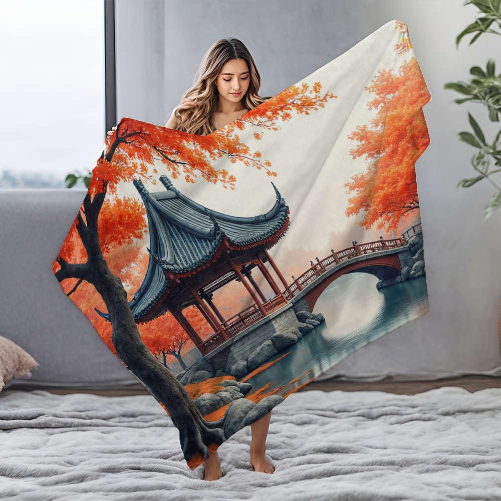 Pluszowy koc tradycyjny chiński pawilon otoczony jesiennymi liśćmi. Koc flanelowy Bluey koc niebieski koc (150 x 200 cm)
