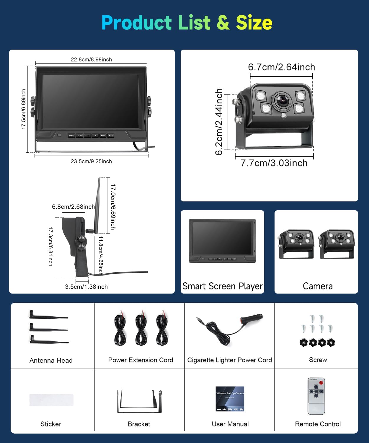 VECHTEL Kit Telecamera Posteriore IPS HD 9 Pollici senza Fili con 2 Telecamera, BSD/DVR, Telecamera Retromarcia Auto Wireless Impermeabile IP68 con Visione Notturna per Camion, Camper, Furgoni