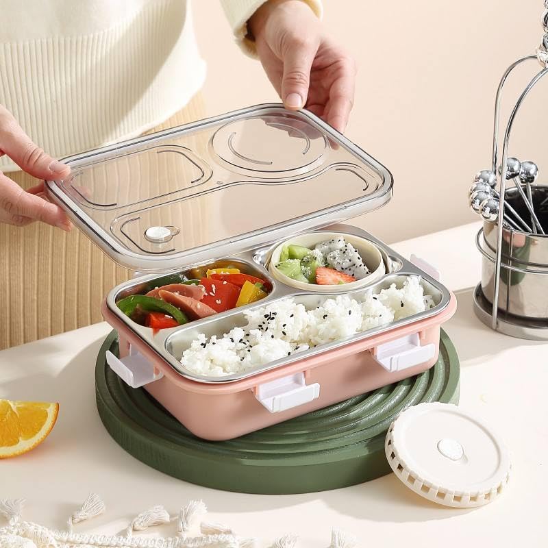 Image of 3 Compartment SUS304 Stainless Steel Lunch Box with Sauce Cup & Cutlery, Leak-Proof Partition Bento Box for School, Office & Travel