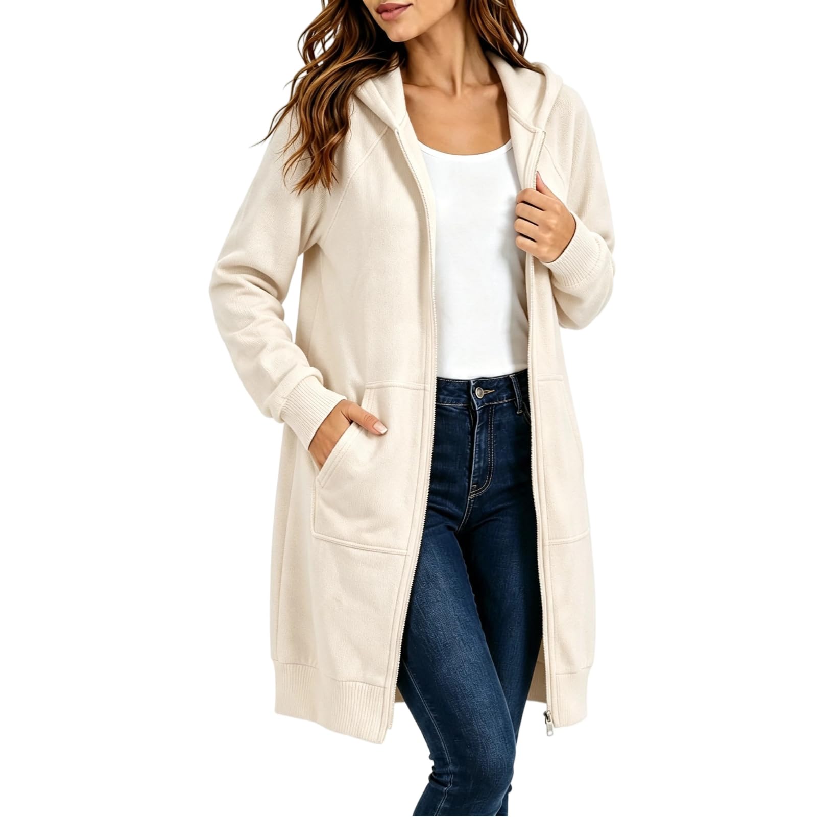 Womens Long Zip Up Hoodie Jacket Open Front Hoodie Sweatshirt with Pockets