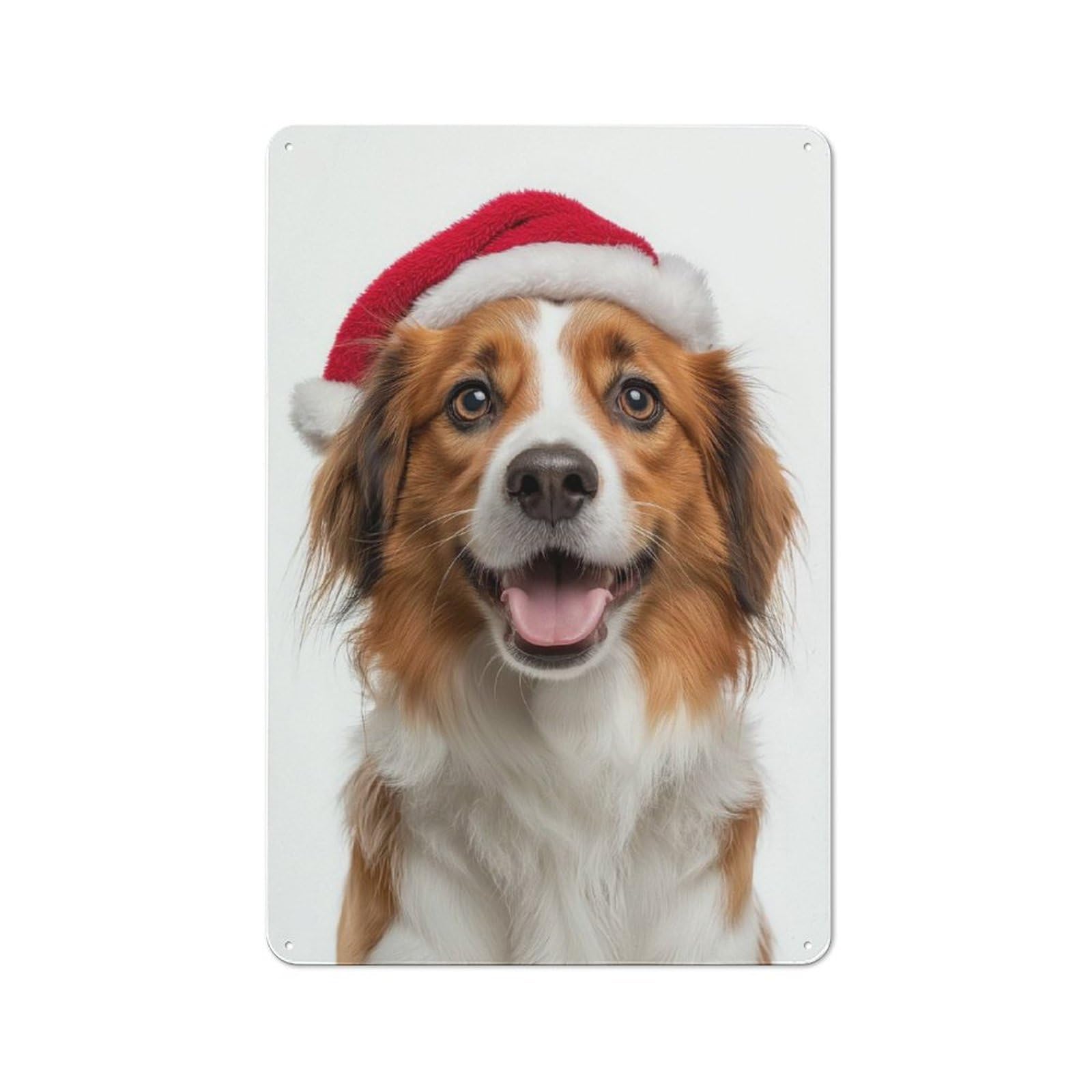Junmoney Kooikerhondje Dog With Santa Hat Portrait 30X20cm Rustic Metal Sign With For Hobby Room Or Studio, Metal Sign Decor For Hobby Rooms And Studios