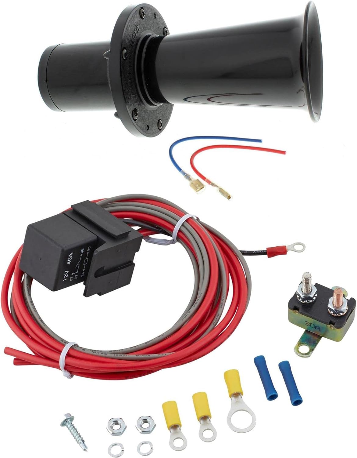 Speedway Motors Black Ah-Oo-Gah Horn with Universal 40 Amp Electric Relay Kit 12 Volt 112 dB Classic Ooga Sound 9.25 Inch Horn Includes Wiring Terminals Circuit Breaker