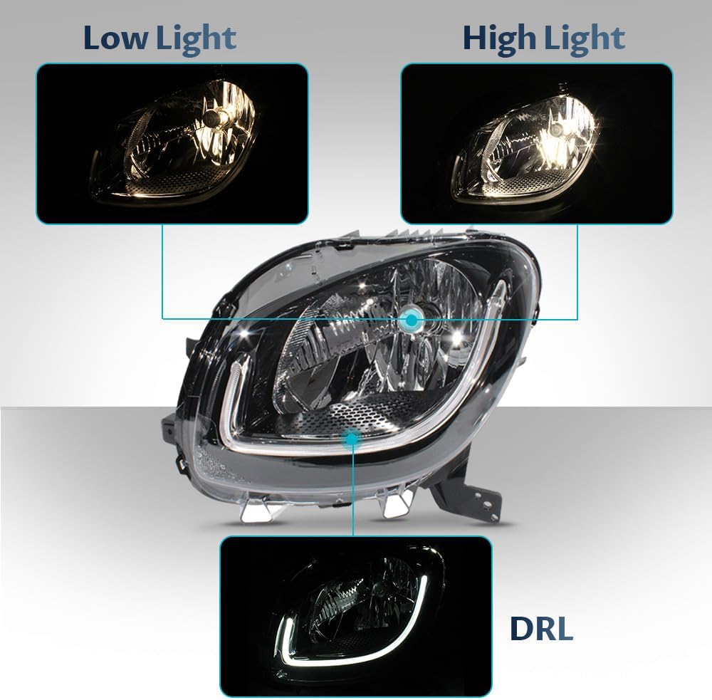 Left Driver Side Front Headlight Headlamp Fit for 2014 2015 2016 2017 2018 2019 Mercedes Benz Smart Fortwo Coupe 453, High Configuration, Black, 4539066101
