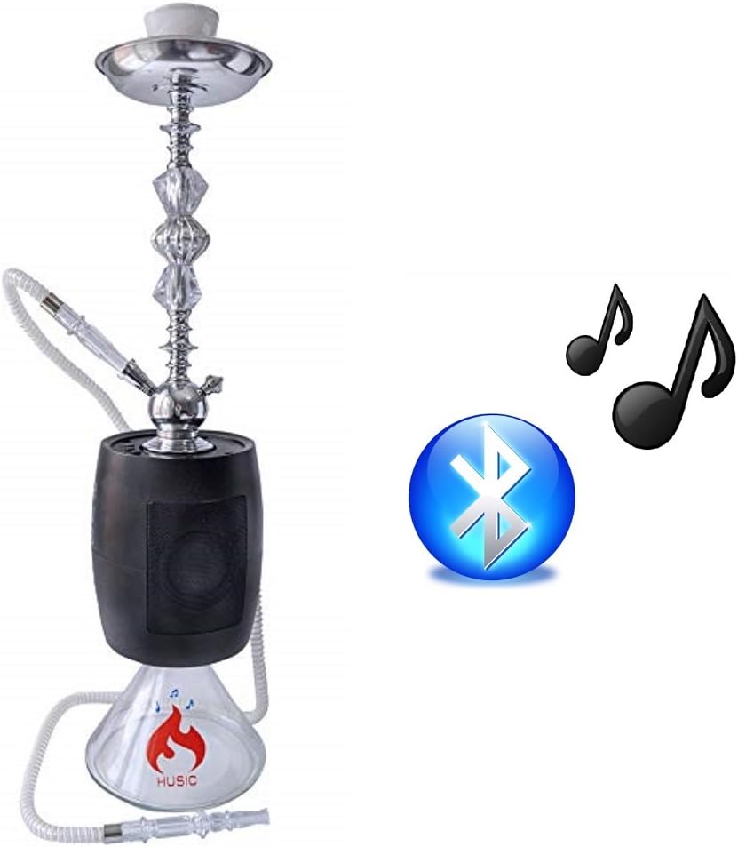 Husic 29" Hookah with Tall Stem, Clear Base, Hose, Bowl, Tongs, and Bluetooth Speaker - Rust Proof and Portable (White/Silver)
