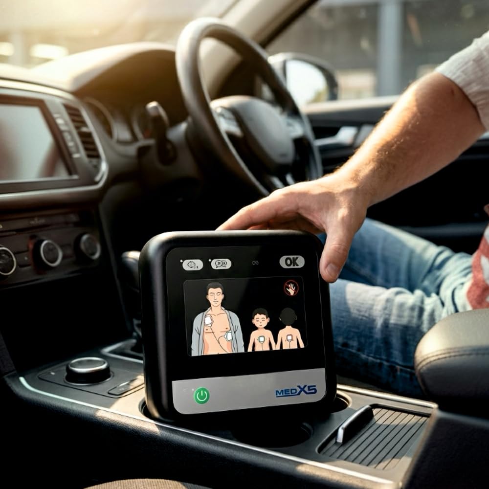 myPAD Heimdefibrillator AED für zuhause, Familie & Freizeit, 4 J. MedX5 Servicegarantie, vollautomatische Schockabgabe, LED-Grafik, für Kleinkinder Erwachsene, Komplettset