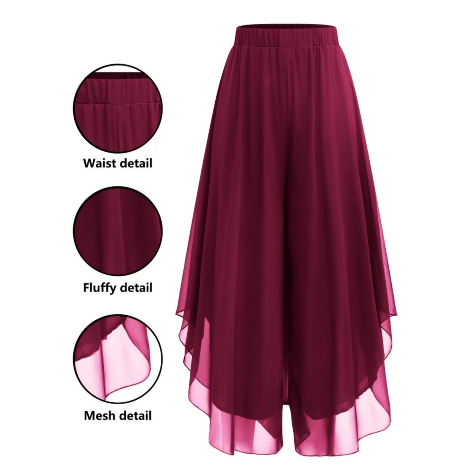 Générique Pantalon asymétrique en Mousseline pour Femme, Jambes Larges, Taille élastiquée Double épaisseur et empiècement Transparent à Jambes Droites.