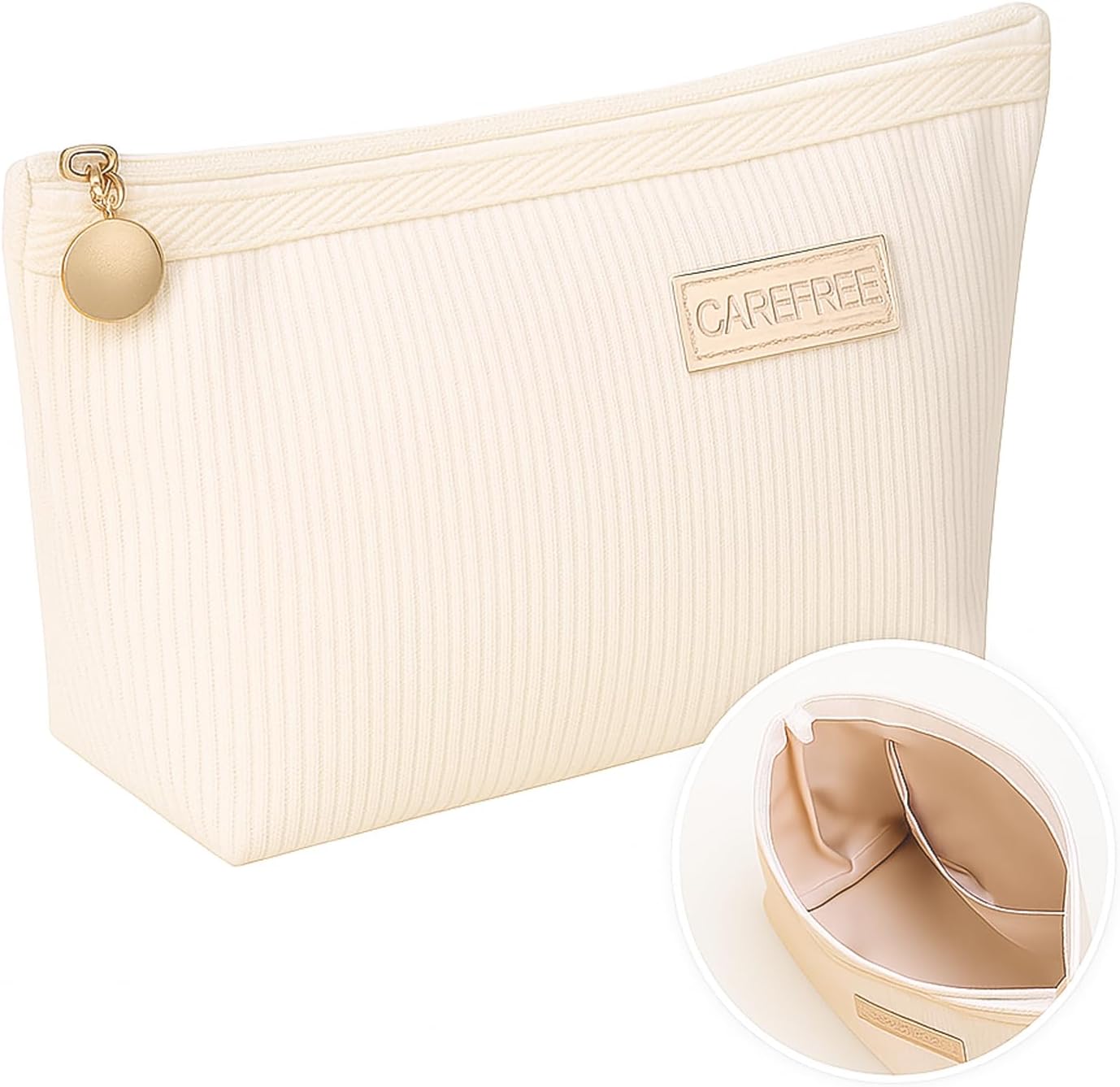 Makeup Bag White,Cosmetic Bag for Purse Make Up Bags,Travel Makeup Bags for Women Organizer Toiletry Corduroy Portable Zipper Pouch(19.5x11x6.5cm)