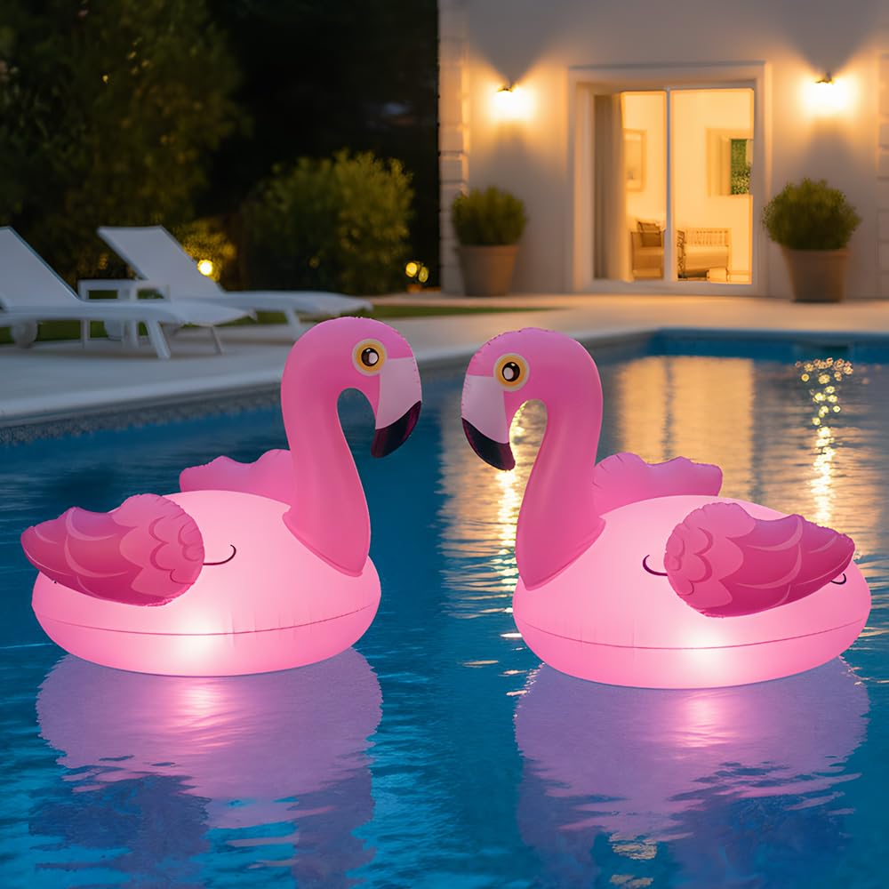 Flamingo Lot de 2 lumières de piscine flottantes solaires flottantes IP68 étanches gonflables flamant rose bouée de natation pour piscine, étang, balcon, jardin, sol