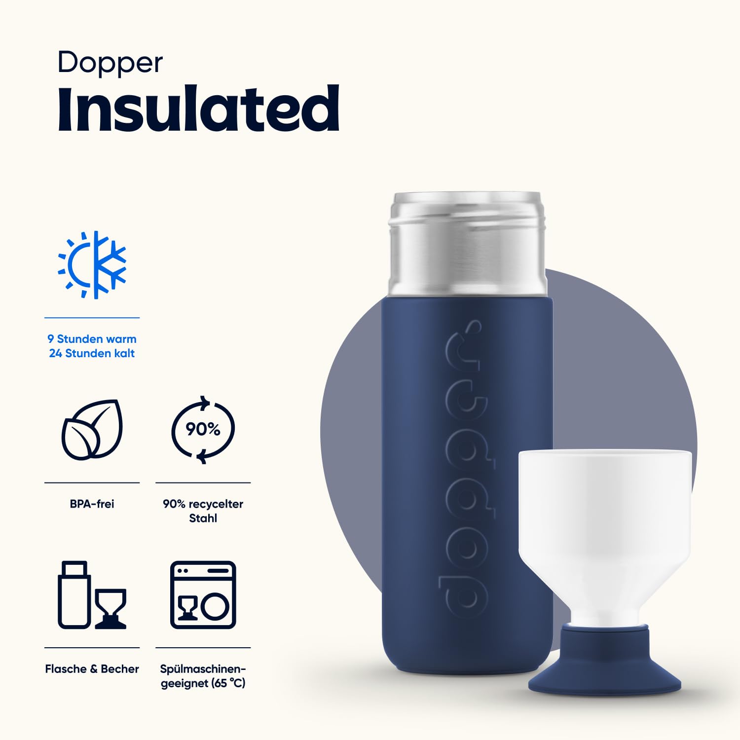 Personalisierte Dopper Insulated Thermosflasche - Edelstahl Trinkflasche - Thermobecher für Kaffee, Tee - Doppelwandig, auslaufsicher, hält 24h kalt / 9h heiß (Breaker Blue, 580 ml)