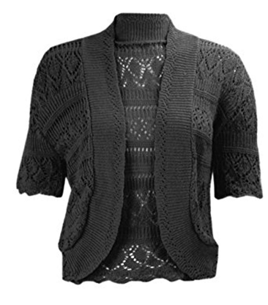 Wearall Women's Black Crochet Shrug Knitted Bolero Top Cardigan - 8/10