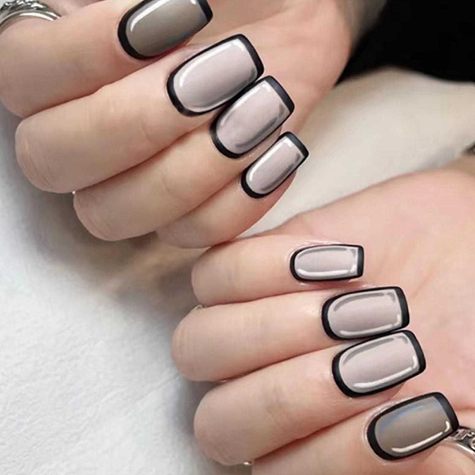 Hkanlre Sqaure Press on Nails Anime Fake Grey Nails Full Cover Medium False Nails for Women and Girls 24PCS