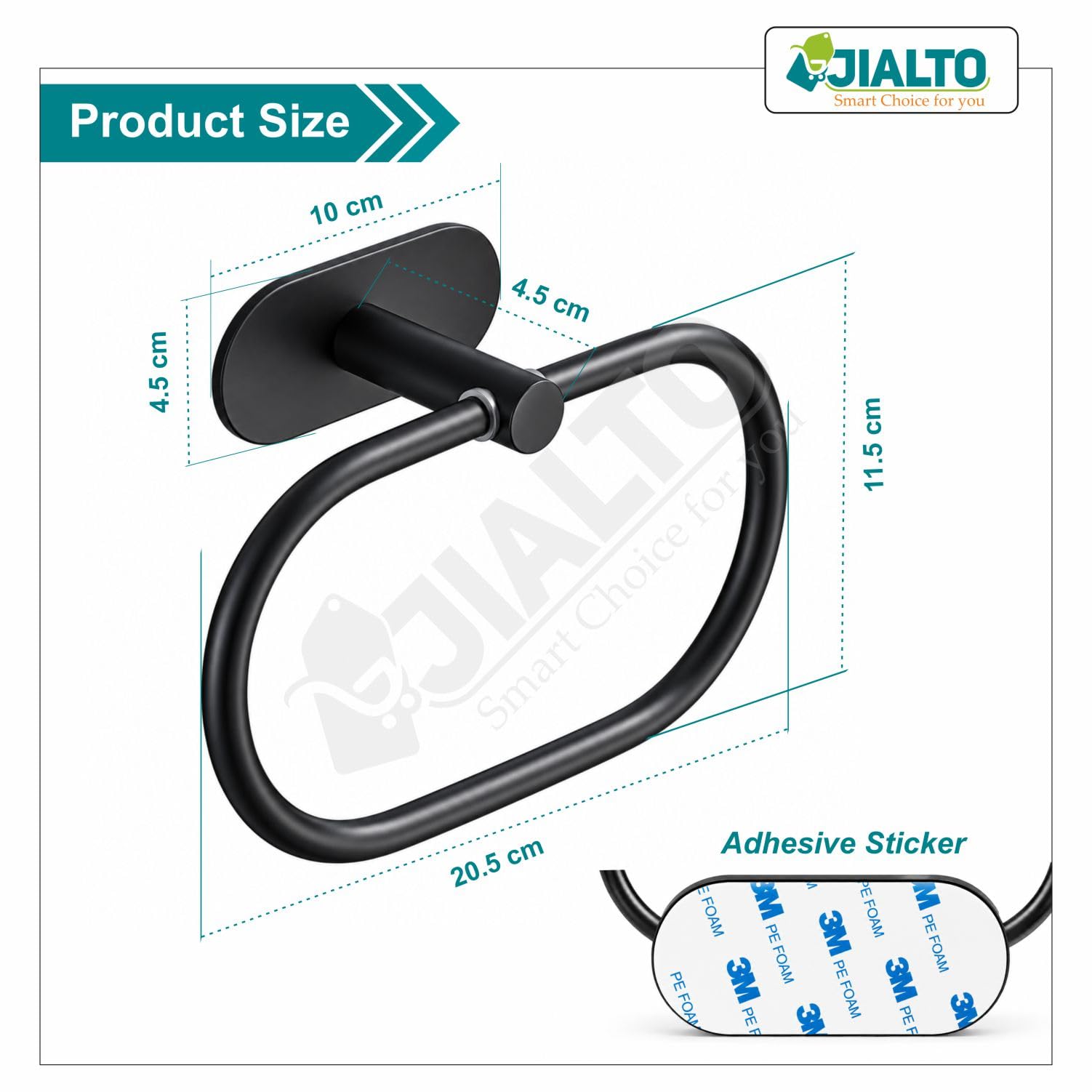 JIALTO 1 PCS Self Adhesive Towel Ring Matte Black, Oval Shaped Modern Hand Towel Holder, Stainless Steel Adhesive Hand Towel Hanger for Bathroom & Kithen Wall Mount (No Drilling) (Black) — Amazon image 2