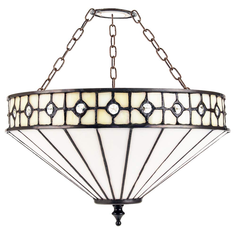 Opal White Tiffany Glass Pendant Shade - Clear Beads - 30cm Width