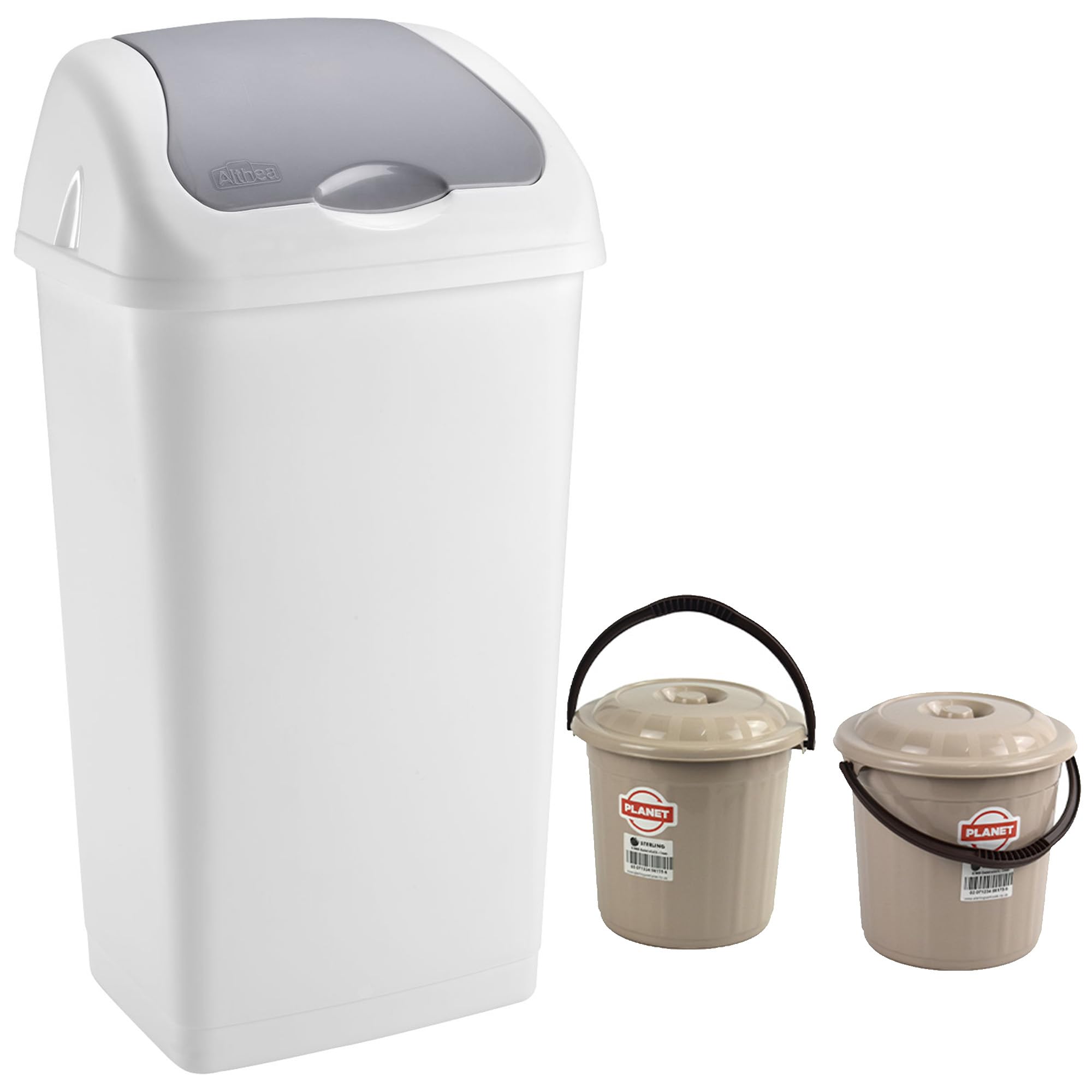 Bin & Buckets Set Swing Bin 60L and 2 Buckets 5L Multipurpose with Lid (White & Cream) — image 1