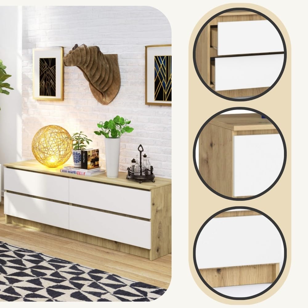 AKORD Cassettiera K 160 cm | 4 Cassetti | Moderna Mobiletto per il soggiorno Camera da letto Armadio Soggiorno Bagno | Salvaspazio | 160 x 55 x 40 cm | Handgemaakt Eik/Wit