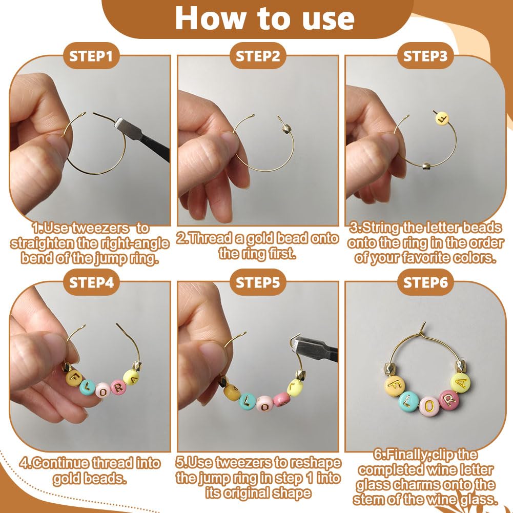 WEBEEDY 80 Sets DIY Weinglas Anhänger mit Farbigen Buchstaben Perlen Große Menge Krone Stern Herz Gold Perlen 80 Anhänger Ringe Pinzette Personalisierte Weinglas Marker für Stielgläser Hochzeit
