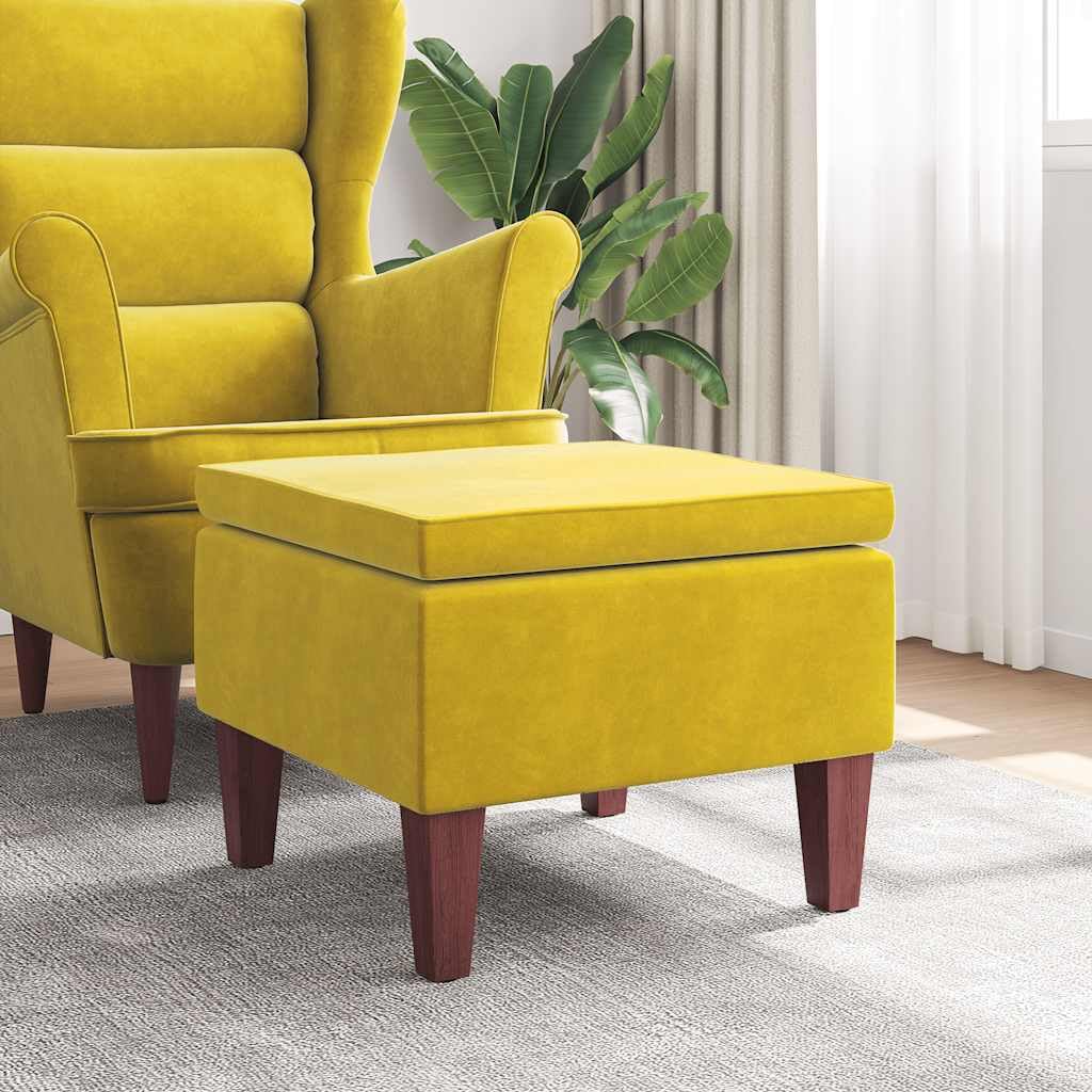 Tabouret en velours jaune avec pieds en bois pour coin lecture douillet