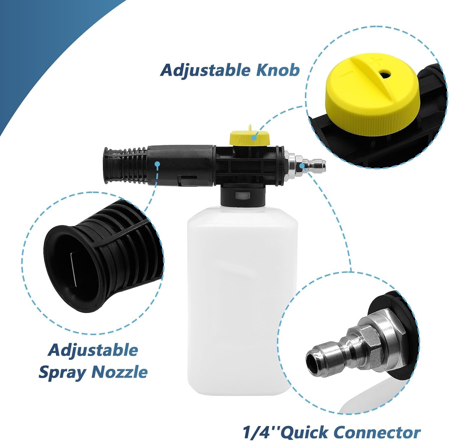 YUET Jet Bottle - Cañón de espuma de nieve para Karcher K2 K3 K4 K5 K6 K7 generador de jabón de alta presión para coche, boquilla pulverizadora ajustable de 750 ml (rectangular de 1/4 pulgadas)