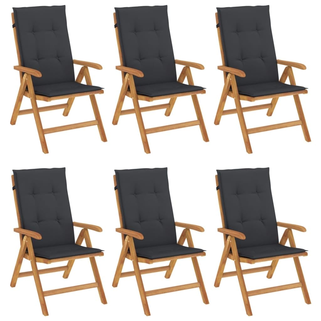 Sedie da giardino con cuscino, 6 pezzi, in legno massello teak, schienale regolabile, pieghevole, impermeabile, portata 110 kg, per balcone, giardino, terrazza