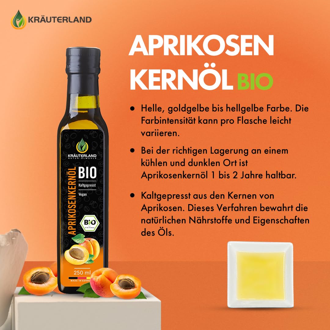 Kräuterland Bio Aprikosenkernöl 4x250ml (1Liter) kaltgepresstes Speiseöl