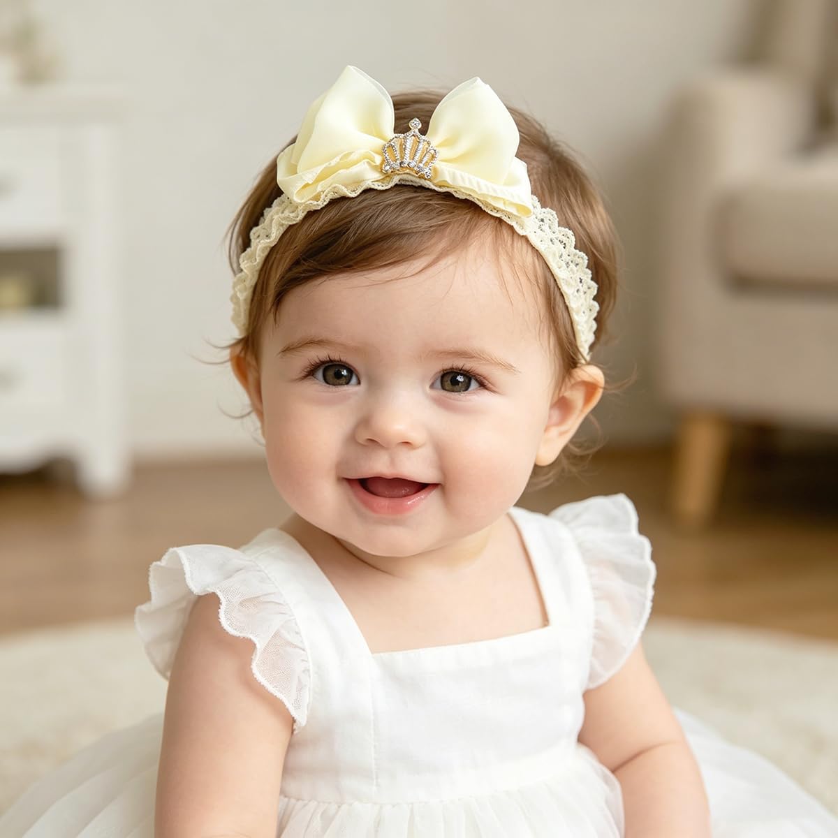 Baby Girls Cute Bow Headband Elastic Crown Lace Hair Band with Satin Tulle Ribbon Newborn Infant Hair Bow Accessories for Photoshoots Birthdays Baby Showers (Yellow 2) image 2