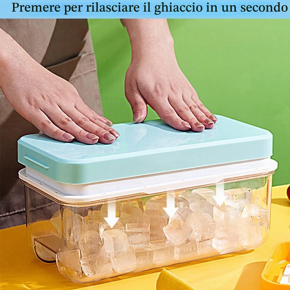 1 Secondo Demould - Vassoio per cubetto di ghiaccio con coperchio e cestino, le stampi per ghiaccio a 2 livelli producono 64 cubi di ghiaccio, Compreso lo scoop (Blu)