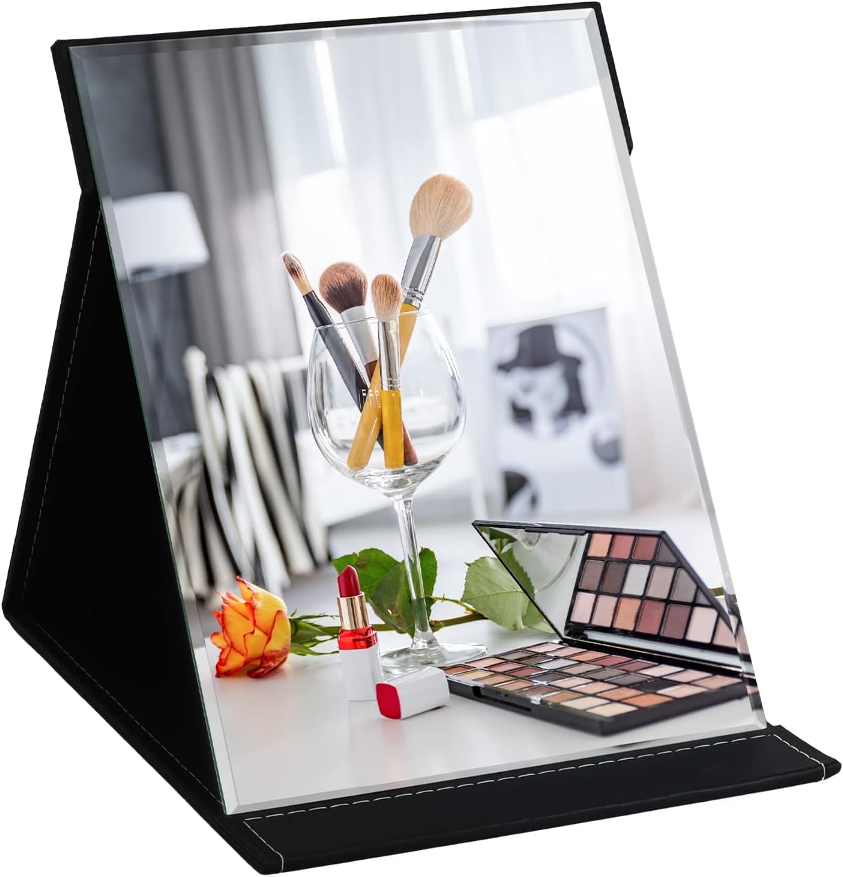 Folding Tabletop Mirror, Portable Travel Folding Mirror, PU Leather Makeup Mirror, Free Standing Desktop Vanity Mirror, for Office Desk,Vanity Table, Travel, Camping (Black 1 PCS)-image-23