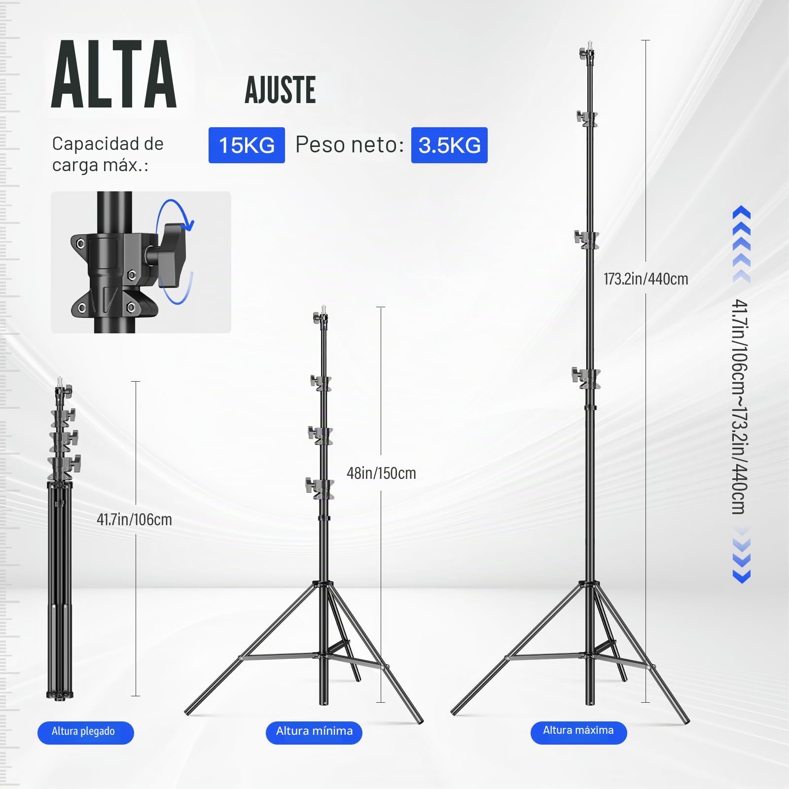 Soonpho 440cm Air Pro Trípode de Lámpara con Amortiguación de Aire Soporte de Luz Metal Aluminio 4.4m Altura máxima 15kg Capacidad de Carga, Estable y cómodo Soporte de Luz para Fotografía