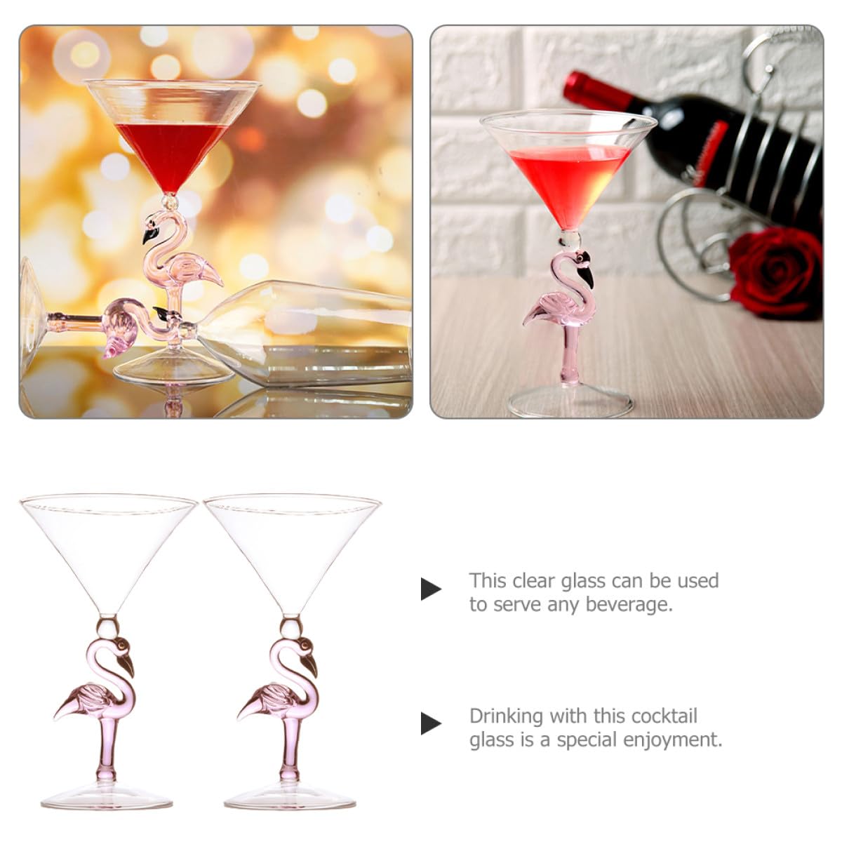 DOITOOL Copas de Vino Rosa Diseño de Flamenco Juego de 2 de Vidrio Resistente al Desgaste de 200 Ml para Fiestas y Restaurantes