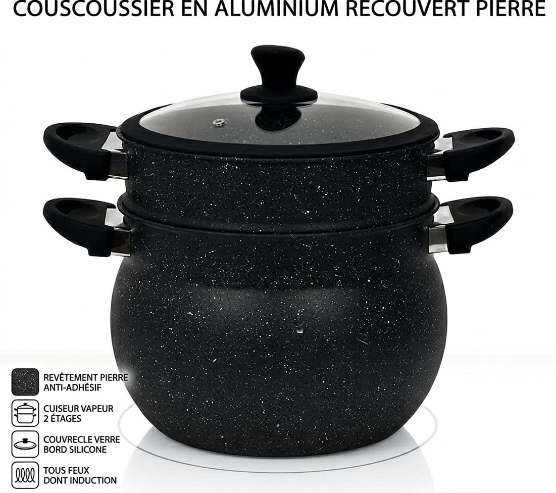 Couscoussier en Aluminium, Revêtement Pierre, Anti-adhésif, Cuiseur Vapeur 2 Étages, Couvercle en Verre avec Bord Silicone, Tous Feux Dont Induction, Noir (4Litre-20cm)
