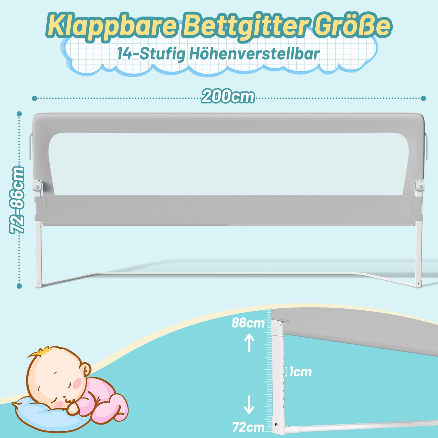 Bettgitter 200 X H68 cm Bettschutzgitter Kinderbettgitter für Kinder,Rausfallschutz Boxspringbett Klappbar Nagelfreie Montage luftiges Rausfallschutz Bett für Kleinkinder Baby,Grau