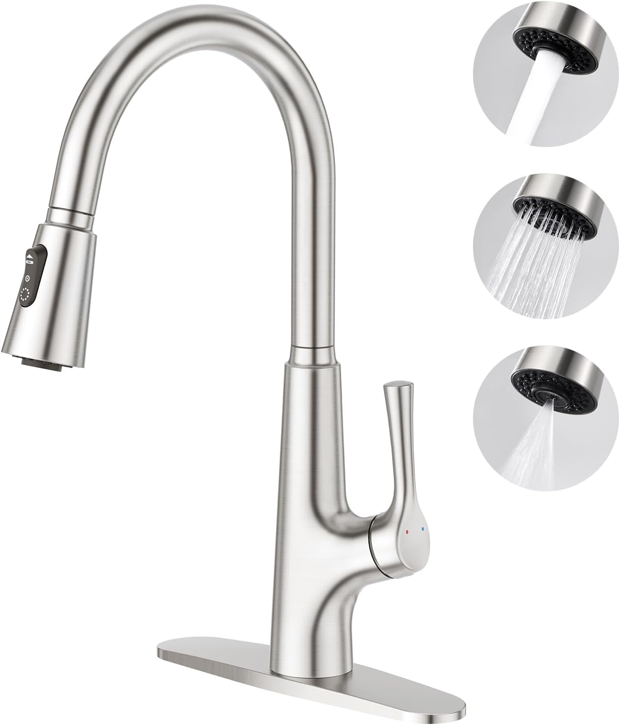 Kitchen Faucet with Pull Down Sprayer 3 Mode, High Arc 360° Swivel Brushed Nickel Single Handle Stainless Steel Kitchen Sink Faucet with Deck Plate for 1 or 3 Hole, Brushed