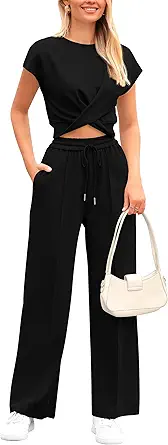 PRETTYGARDEN Womens Twist Front Crop Top And Wide Leg Pants Matching Lounge Set