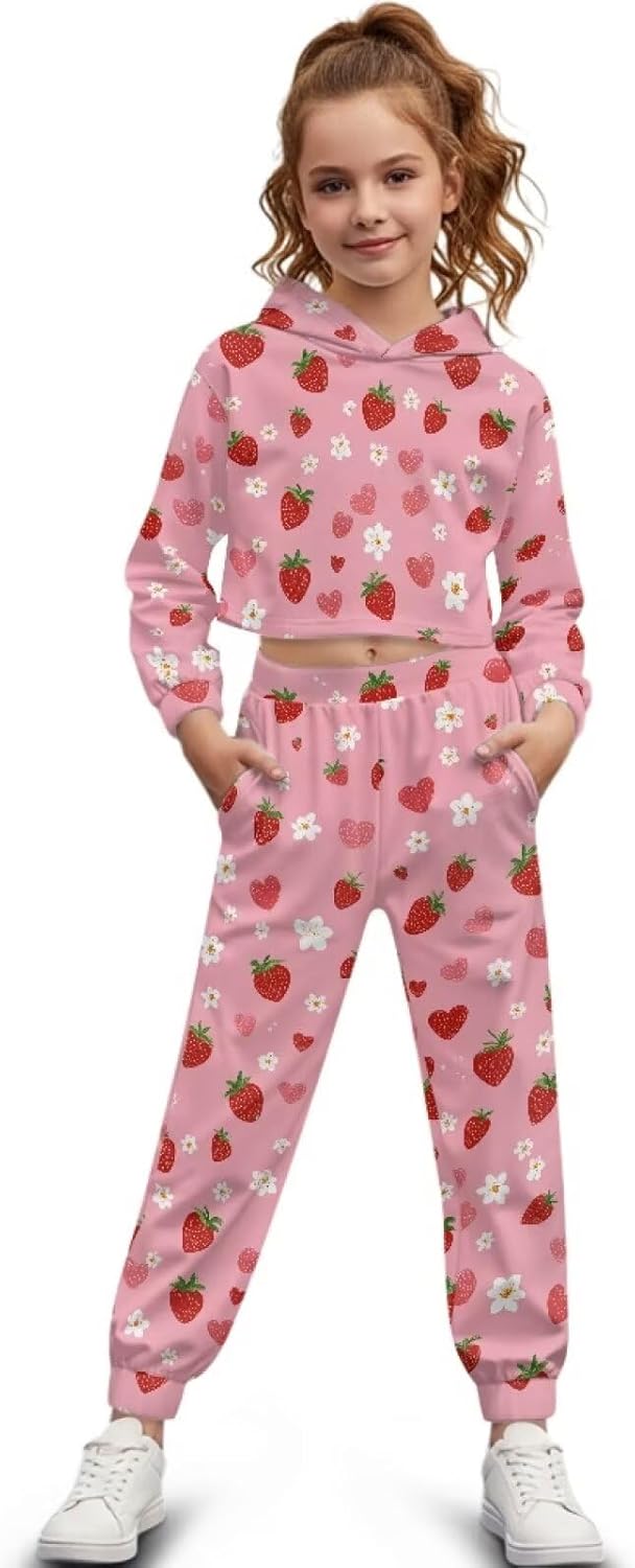 Xoenoiee Girls Crop Top Hoodie Long Sleeve Sweatshirts and Sweatpants Set Kids Casual Sweatsuits Tracksuit for 4-13