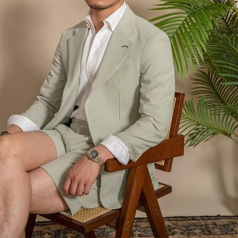 Mens Shorts Suits 2 Piece Seersucker Suit Slim Fit Two Button Blazer Short Pants Casual Set Summer Beach Wedding4