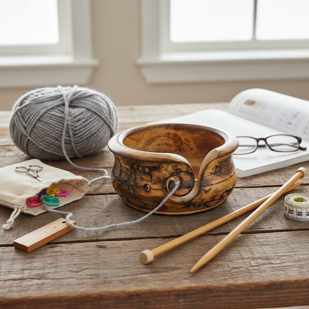 EARTHLY HOME Wooden Yarn Bowl, Knitting Yarn Bowl with Holes Storage Handmade to Prevent Slipping, Perfect Yarn Bowl for Gifting, Crocheting and Knitting Accessories
