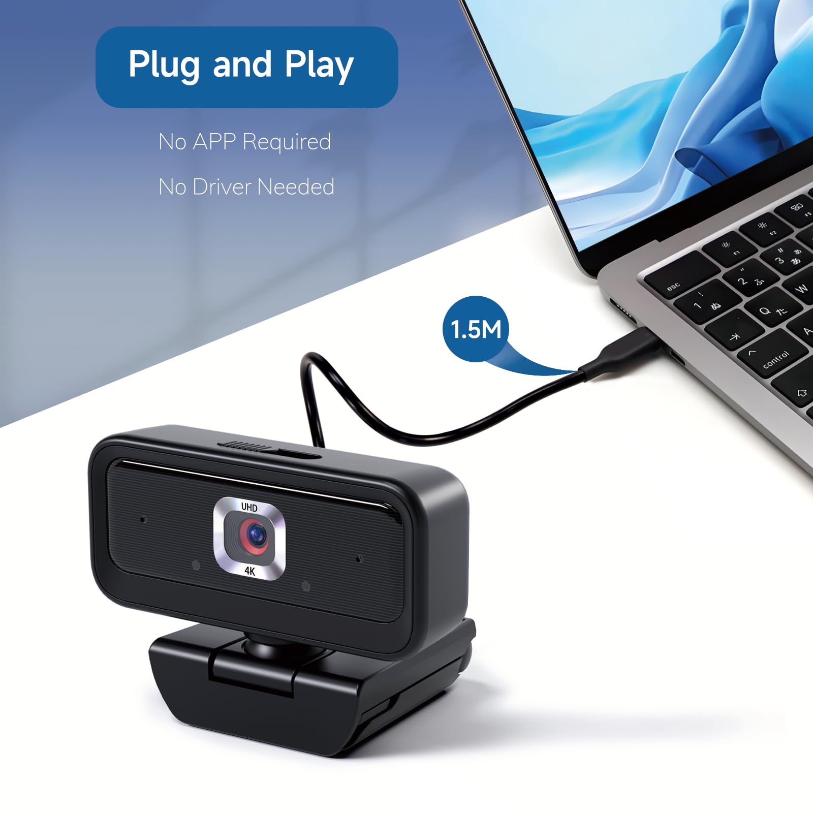 Cámara web 4K para PC, cámara de computadora para escritorio, cámara web USB con trípode, 2 micrófonos de reducción de ruido, cubierta de privacidad integrada, para PC/Zoom/Skype/Team/Laptop