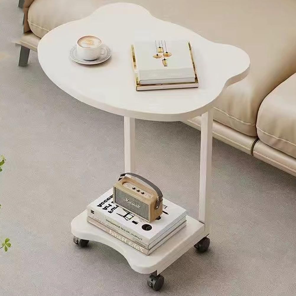 SXZenSpace C Shaped TV Tray with Rolling Casters, Couch Tables That Slide under for Living Room And Bedroom,C End Table 2-Tier Storage Shelf,Small Side Couch,White
