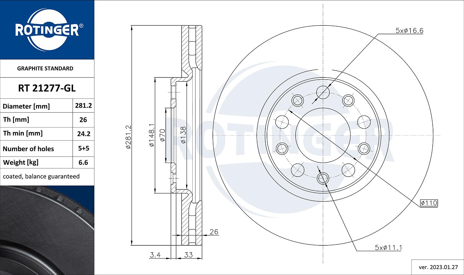 ROTINGER Rotori disco freno (asse anteriore, Set di 2 pezzi) Con rivestimento anticorrosione, RT 21277-GL
